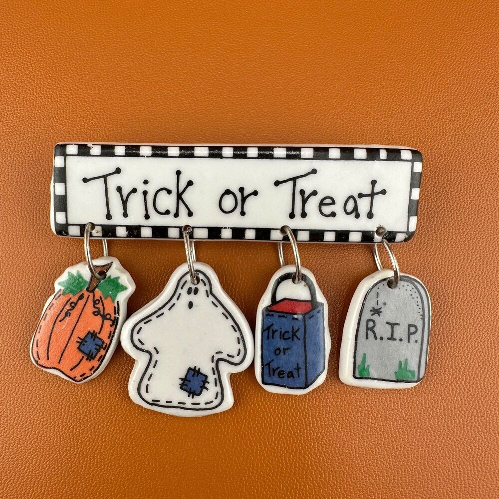 Vintage Halloween Brooch Pin Trick or Treat Ceramic Dangle Pumpkin Ghost RIP